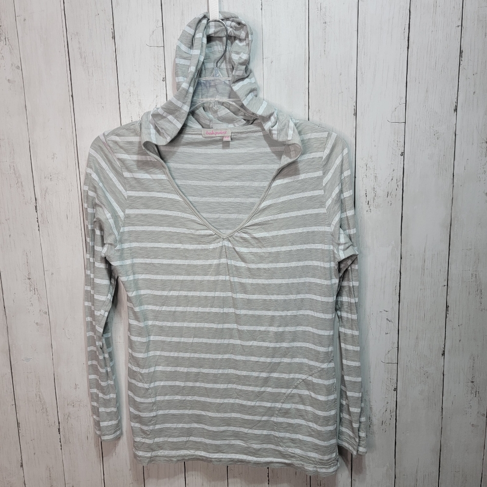Fresh Produce Women's Gray White Striped Hoodie L/S Pullover Size XS/S  Pockets.